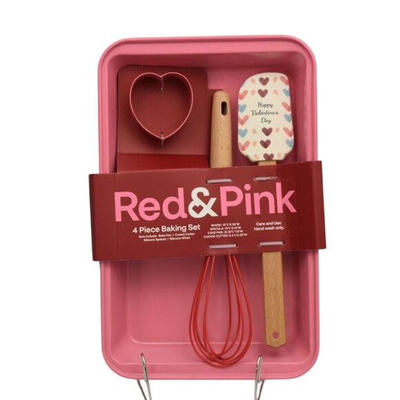Red & Pink Other - 4-Piece Baking Set Nonstick Baking Tray Pan Spatula Whisk Heart Cookie Cutter